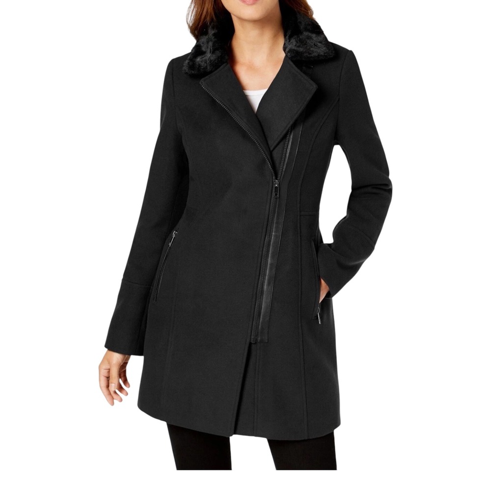 Maralyn & Me Coat Faux Fur Collar Womens L Black Asymmetrical Edgy Gothic Winter